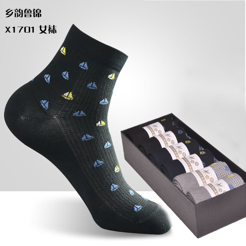 乡韵鲁锦纳米铜帆船女袜x17017天免洗防臭纯棉抗菌